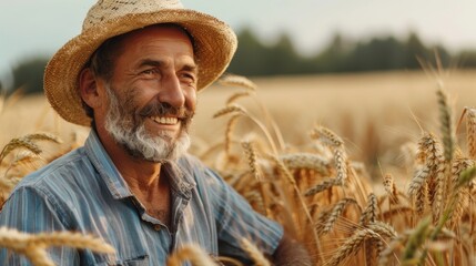 A candid moment of the farmer feeling the resilience and strength of mature wheat plants.