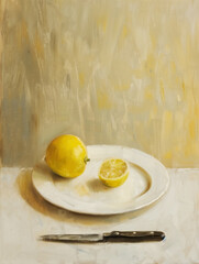 Painting lemon and knife on table - 786457895