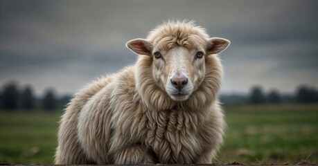 White fluffy sheep farm portrait looking at camera isolated on clear background, funny moment,...