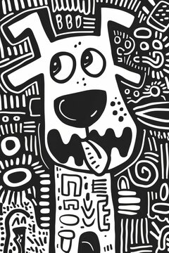 A black and white drawing of a dog with a tongue sticking out