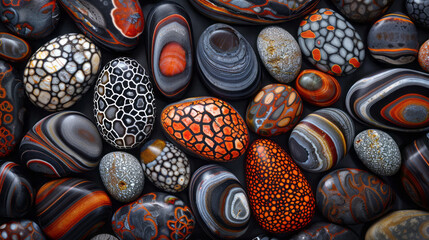 Wallpaper. A pattern of smooth pebbles with intricate patterns arranged in an artistic design on a black background. 