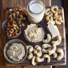 Fototapeta premium Artfully Arranged Cashew Based Culinary Delights on a Wooden Platter Showcasing the Versatility of this Nutritious Ingredient