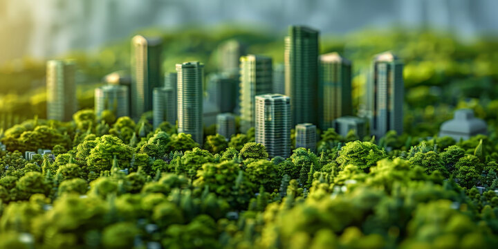 A green cityscape model with skyscrapers and buildings nestled among lush trees, representing the concept of sustainable urban development. green building, eco friendly building concept