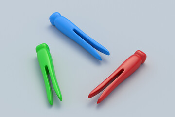 Colorful vintage wooden clothespins on gray background. Retro peg for cloth hanging. Old pin for laundry. 3d render