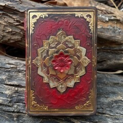 Red and gold playing card on rock