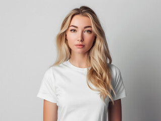 Obraz premium Portrait of a Young Woman with Blonde Hair in a White T-shirt