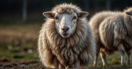 Fototapeta premium White fluffy sheep farm portrait looking at camera isolated on clear background, funny moment, Farmland animals concept