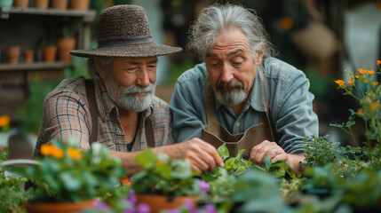 Fototapeta premium Happy elderly couple gardening together in their lush garden