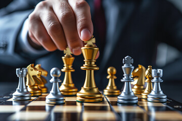 Businessman holding golden king chess in front of silver pawn chess on chessboard for business strategy and leadership assignment concept.