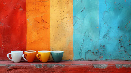 Wallpaper. Background. Colorful photos. A cup of coffee on a bright surface. 