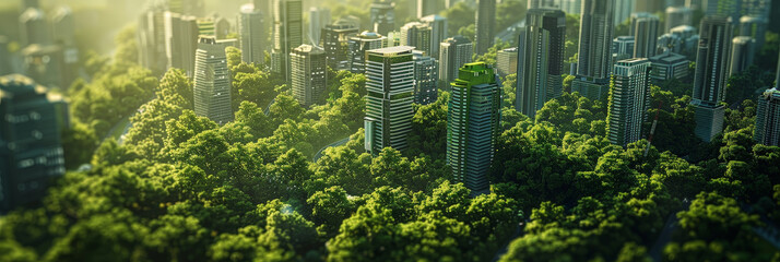 Fototapeta premium A green cityscape model with skyscrapers and buildings nestled among lush trees, representing the concept of sustainable urban development. green building, eco friendly building concept