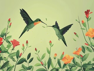 Artistic illustration of two hummingbirds hovering and feeding from vibrant orange flowers against a soft blue background..