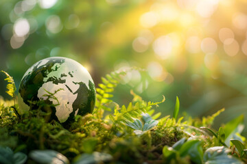 A green world globe in nature, symbolic ecological concept for environmental protection, nature conservation, Earth care, sustainable development
