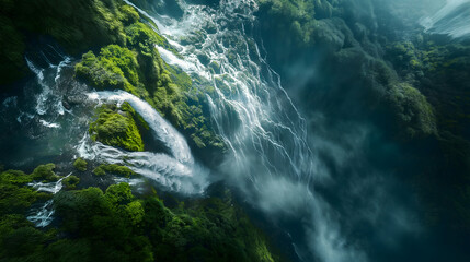 Fototapeta na wymiar Majestic Aerial View of a Lush Green Waterfall Amidst Clouds