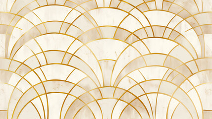 Wallpaper. Background. Beige and white pattern with lines of different thicknesses, inspired by Art Deco style, with thin gold foil on paper