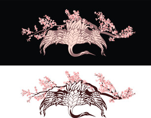 Fototapeta premium sakura tree flower branches and japanese crane flying with spread wings - elegant asian bird spring season vector design on white and black background