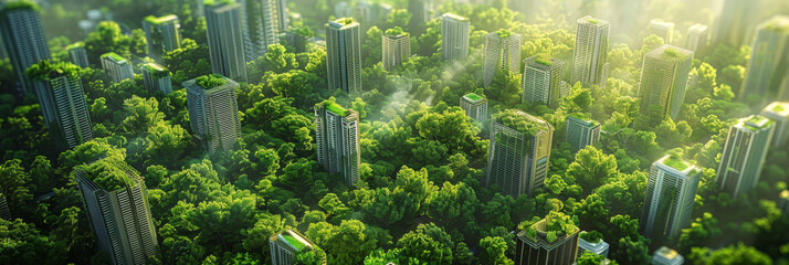A green cityscape model with skyscrapers and buildings nestled among lush trees, representing the concept of sustainable urban development. green building, eco friendly building concept - obrazy, fototapety, plakaty