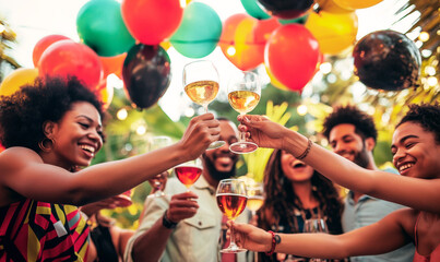 Friends toasting with drinks at a Juneteenth picnic, with a backdrop of balloons in red, black, green, and yellow. Emancipation Day, Freedom Day, Liberation Day, Jubilee Day