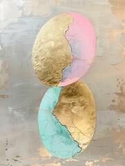 Fototapeta na wymiar Oil painting with pastel eggs, golden motifs, Ai generated