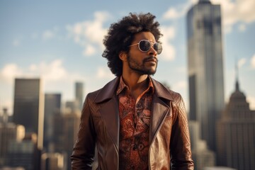 Portrait of a jovial afro-american man in his 30s sporting a stylish leather blazer on stunning skyscraper skyline