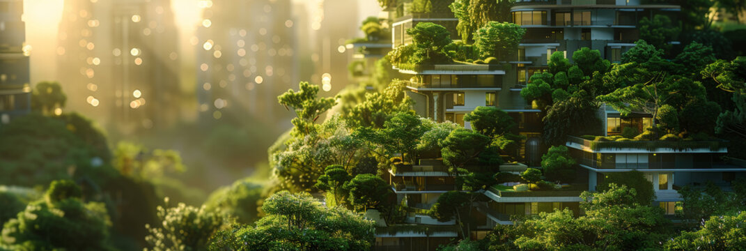 A green cityscape model with skyscrapers and buildings nestled among lush trees, representing the concept of sustainable urban development. green building, eco friendly building concept