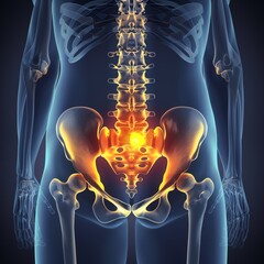 Clean design showing the lower spine and hips with pain spots highlighted in orange, contrasting with a soft blue tone, ideal for understanding lower back pain. - obrazy, fototapety, plakaty