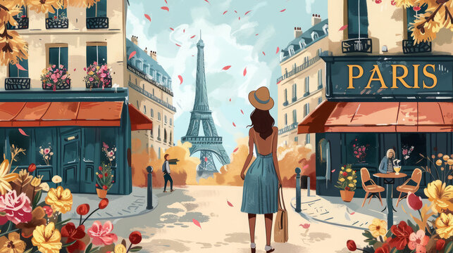Postcard. A whimsical portrayal of the Eiffel Tower surrounded by Parisian cafés and blooming flowers, "PARIS" in a chic, cursive font, like a signature on a painting.