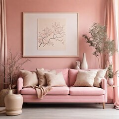 Decorative arrangement of a comfortable living room featuring a pink sofa, patterned pillow, beige pitcher, vase with branch, and individual decorations. Interior design. Template