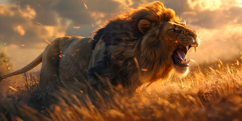 Majestic Lion Roaring in Golden Light at Dusk