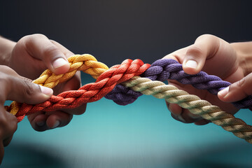 Collective Effort Integration and Unity with teamwork concept as a business metaphor for joining a partnership synergy and cohesion as diverse ropes connected - obrazy, fototapety, plakaty
