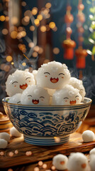A dish of dumplings with adorable faces on porcelain serveware