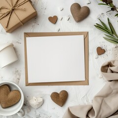 Fototapeta na wymiar A photo of a blank greeting card with a kraft paper envelope on a white marble background. There are some decorative hearts and a small gift box next to it.