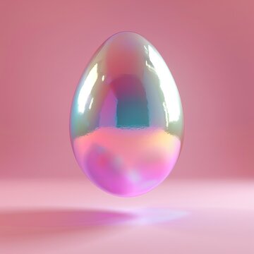 A iridescent egg on a pink background.