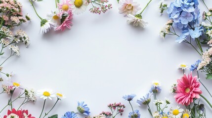 A variety of flowers arranged on a white background.