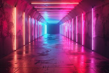 Fototapeta premium A dark tunnel with bright neon lights on the walls.