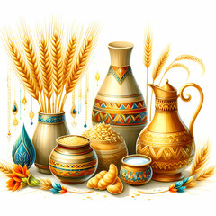 still life with jug,wheat,clay,jug, Illustration,Ai generated 