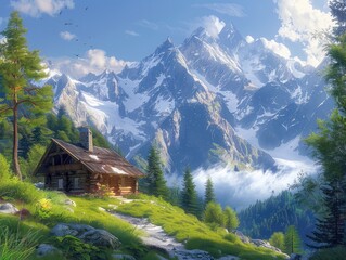 Fototapeta na wymiar A tranquil mountain retreat with cozy cabins nestled among snow-capped peaks and towering evergreen forests alpine paradise The crisp mountain air and breathtaking scenery create a sense of peace