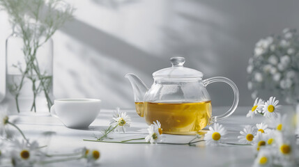 Serene Chamomile Tea Setting with Transparent Teapot and Cup - obrazy, fototapety, plakaty