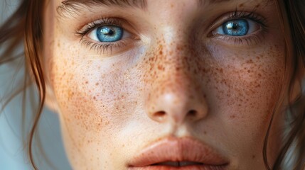 Close up portrait of a beautiful woman with blue eyes and clean, fresh skin