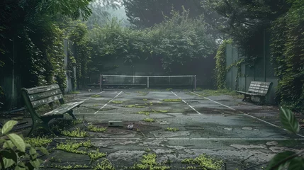 Foto op Plexiglas An abandoned old tennis court surrounded by overgrown ivy and weathered benches, © Ammar