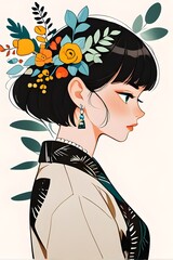 Illustration of an elegant woman with leaves and flowers. Generative AI