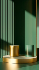 Contemporary product showcase: golden and green cylinders on podium with geometric background