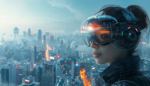 A woman in a futuristic outfit is standing in front of a city skyline by AI generated image