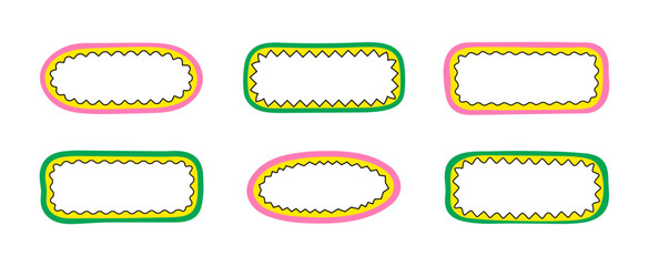 Hand-drawn doodle wave scalloped edge frames. Set of the vector curved text boxes isolated on a transparent background. Brush-drawn doodle borders and geometric shapes.