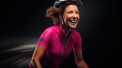 Fitness Enthusiast: Happy Brunette Woman Smiling on Bicycle in Pink Gear