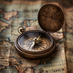 Fototapeta na wymiar Vintage Compass on Old World Map with Golden Light
