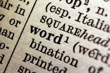 Word "word" on dictionary page, macro close-up