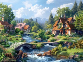 A tranquil riverside village nestled among rolling hills, with quaint cottages and stone bridges spanning a gentle stream pastoral idyll The peaceful scene is brought to life with vibrant colors - obrazy, fototapety, plakaty