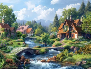 Foto op Canvas A tranquil riverside village nestled among rolling hills, with quaint cottages and stone bridges spanning a gentle stream pastoral idyll The peaceful scene is brought to life with vibrant colors © Cool Patterns