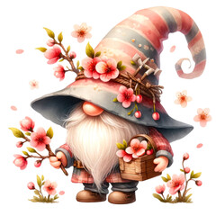 Gnomes and Cherry Blossoms Illustration Collection, A vibrant collection of illustrated gnomes surrounded by cherry blossoms, symbolizing spring and whimsy, watercolor gnomes, spring gnome

